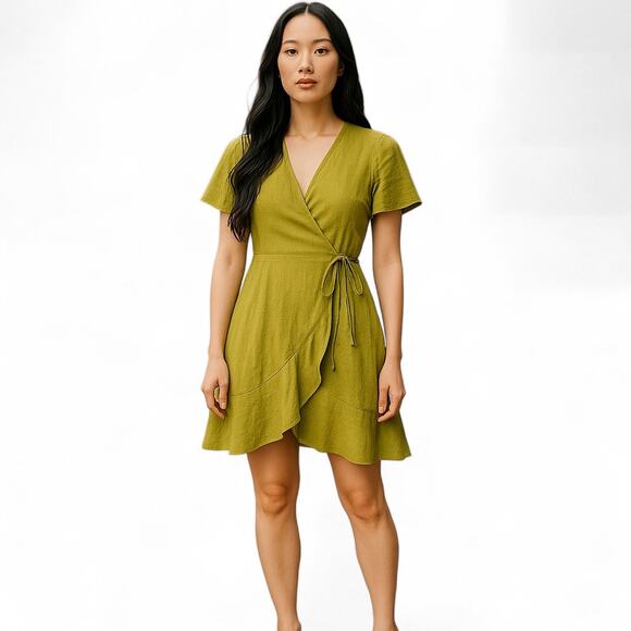 Monteau Los Angeles Faux Wrap Dress Linen Blend Flutter Sleeve Elastic Waist M - Picture 1 of 5